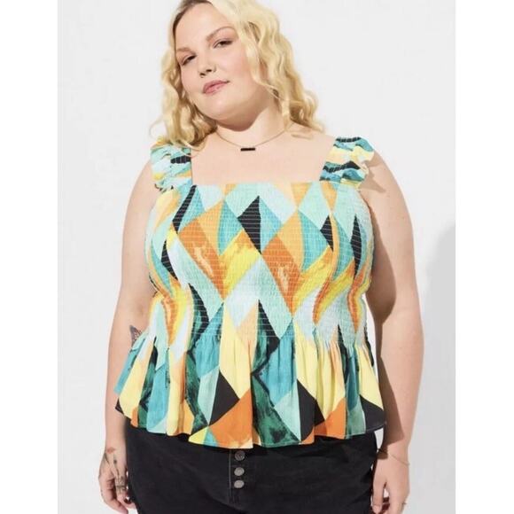 NWT Torrid Plus Sz 6X Peplum Crinkle Gauze Smocked Tank Top Geometric Summer Art - Picture 1 of 10
